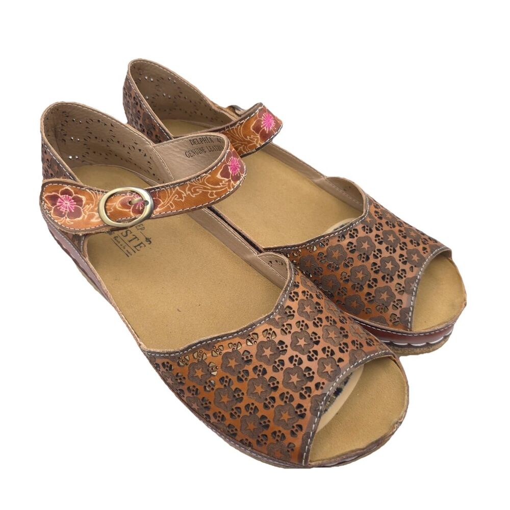 L'Artiste Spring Step‎ Cuteness LEATHER Wedge Sandals DELPHIA 41 Embossed Floral